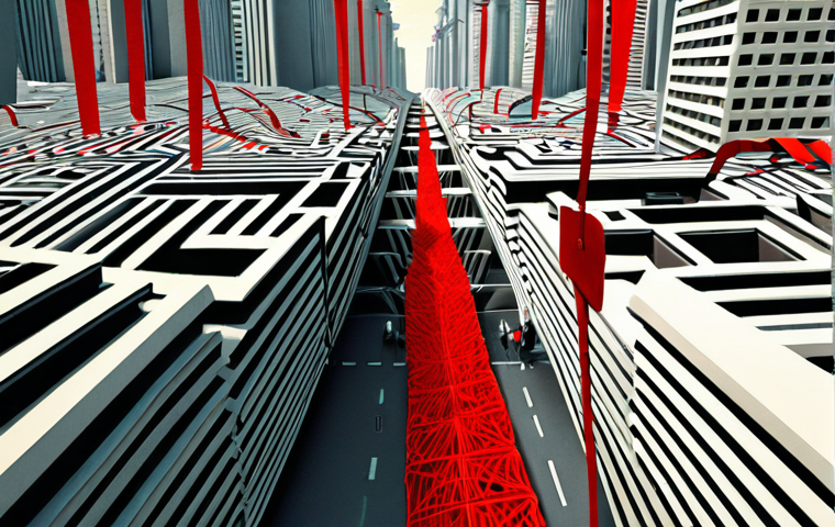 An abstract, slightly surreal depiction of modern bureaucracy. Imagine a sprawling, labyrinthine cityscape constructed from immense stacks of official documents, glowing digital forms, and intricate webs of red tape. Diverse citizens, appearing small and somewhat overwhelmed, attempt to navigate these convoluted pathways, encountering metaphorical roadblocks and endless paper trails. Subtle, almost invisible threads of influence extend from imposing, distant government buildings, signifying a quiet, pervasive control rather than overt oppression. The overall atmosphere is one of subtle disempowerment and the feeling of being a "mere pawn" in a complex system. Style: detailed, slightly muted color palette, modern European urban setting.