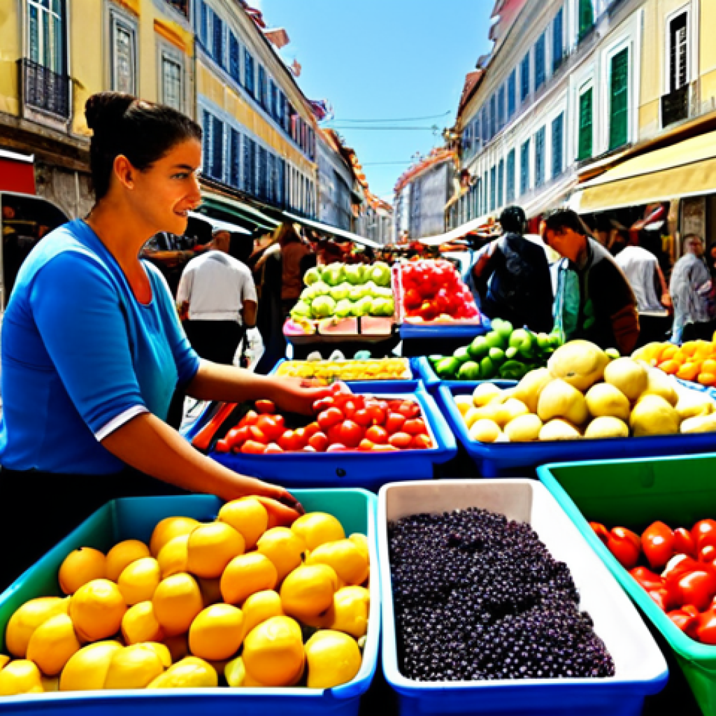 The Balancing Act**

"A vibrant marketplace scene in Lisbon, Portugal, depicting the push and pull of supply and demand.  A fully clothed vendor in traditional Portuguese attire offers fresh produce from a colorful stall. Shoppers, also fully clothed in modest clothing, examine the goods.  Background: historic buildings and bustling street life.  Safe for work, appropriate content, family-friendly. Perfect anatomy, correct proportions, natural pose, well-formed hands, proper finger count, natural body proportions, professional photograph, high quality."

**
