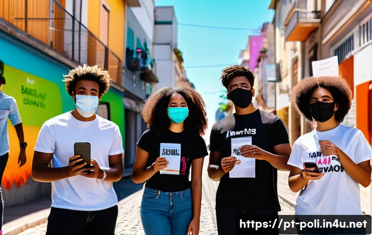 여론과 정치참여 - A diverse group of young Brazilian activists engaging in a peaceful digital protest outdoors, holdin...
