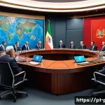 국제관계이론 - A detailed digital painting of an intense international summit room, showcasing diverse world leader...