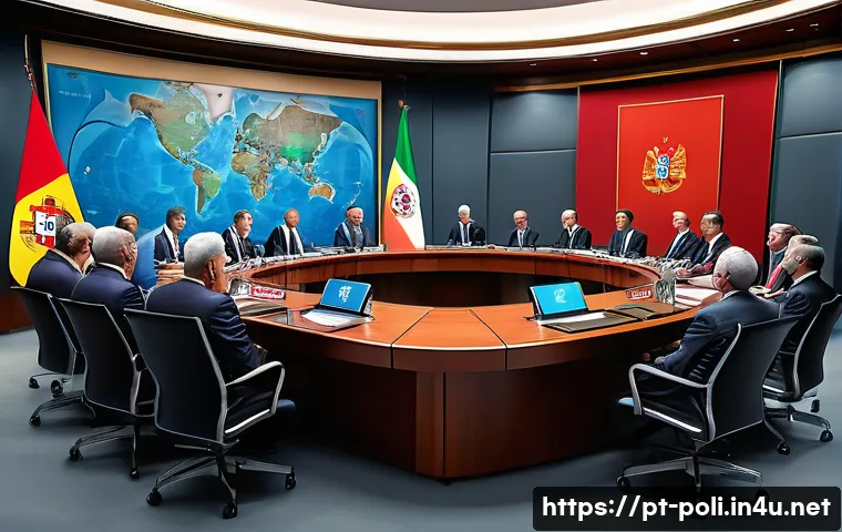 국제관계이론 - A detailed digital painting of an intense international summit room, showcasing diverse world leader...