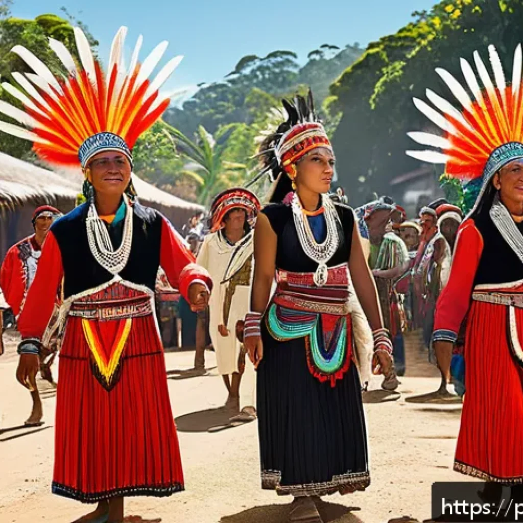 제국주의와 탈식민주의 - A vibrant cultural festival scene in a South American indigenous village, featuring men, women, and ...