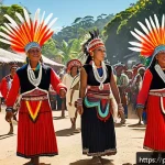 제국주의와 탈식민주의 - A vibrant cultural festival scene in a South American indigenous village, featuring men, women, and ...