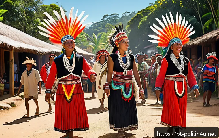 제국주의와 탈식민주의 - A vibrant cultural festival scene in a South American indigenous village, featuring men, women, and ...