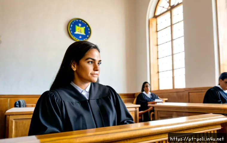 사법 독립성과 법의 지배 - Photorealistic Brazilian courthouse interior, an impartial female judge in a dark robe seated beneat...