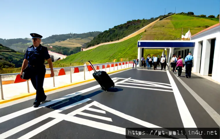 Home 17 이민정책과 국경 문제 - Photorealistic wide-angle scene at a modern Portuguese border crossing on a sunny morning, diverse a...